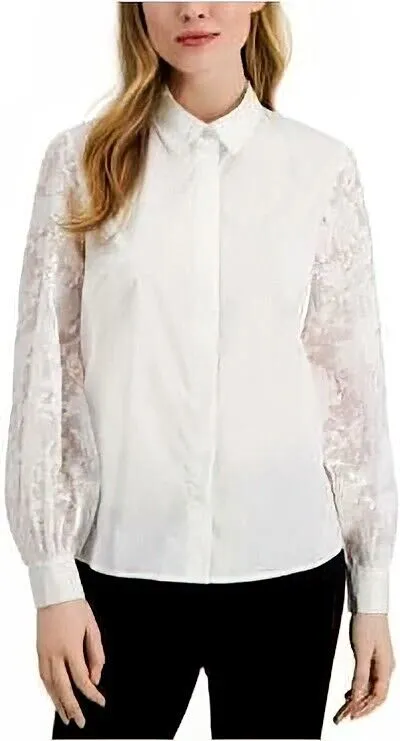 Alfani Lace-Sleeve Button-up Shirt