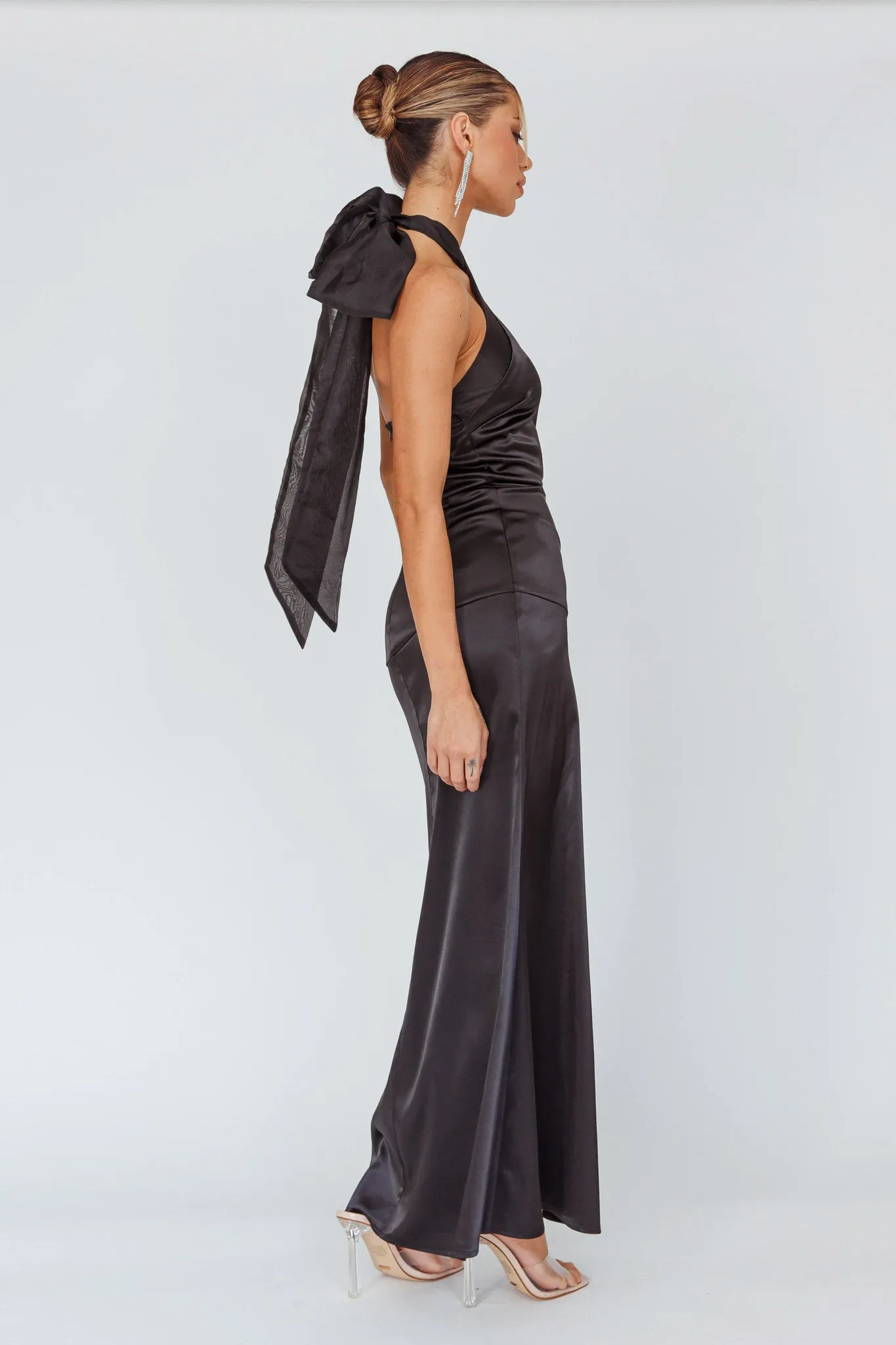 Andria Halterneck Bow Satin Maxi Dress Black