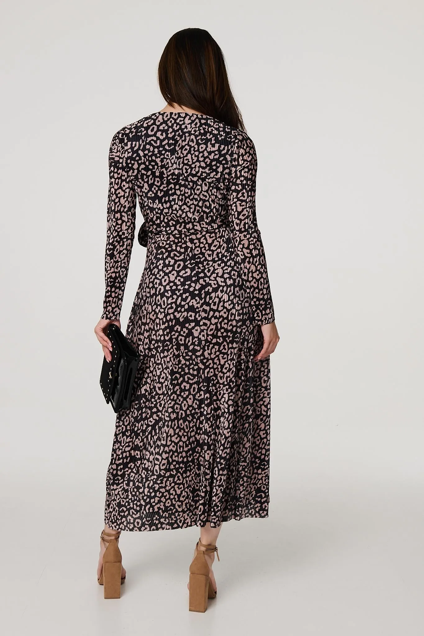 Animal Print Pleated Wrap Midi Dress