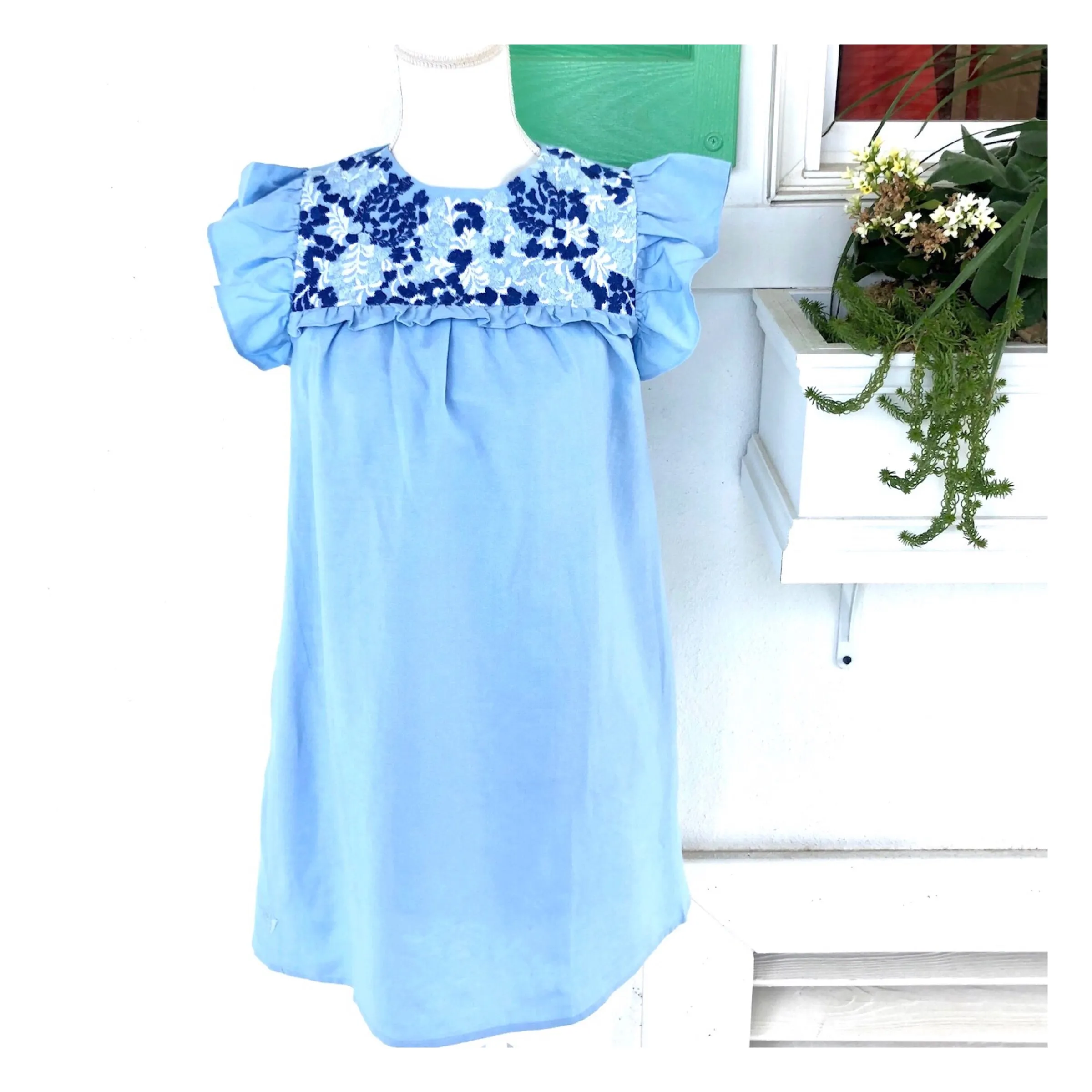 Baby Blue with White & Cerulean Blue Flutter Sleeve Embroidered Textile Linen Blend Shift Dress with Ruffle Bust & Keyhole Back