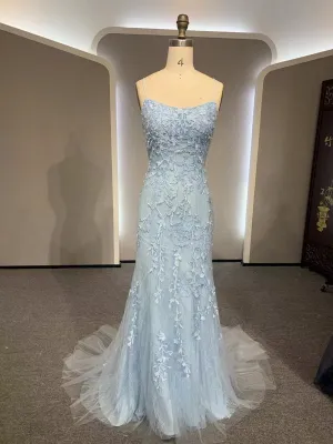 Backless Light Blue Lace Prom Dresses, Open Back Light Blue Lace Formal Evening Dresses