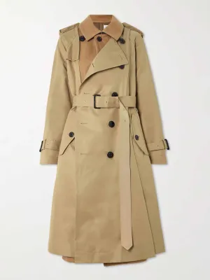 Belted paneled wool-felt trench coat