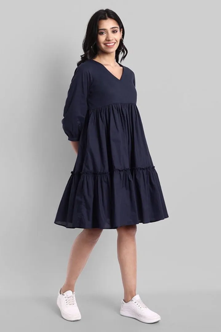 Blue Mul Cotton Graduated V-Neck Dress