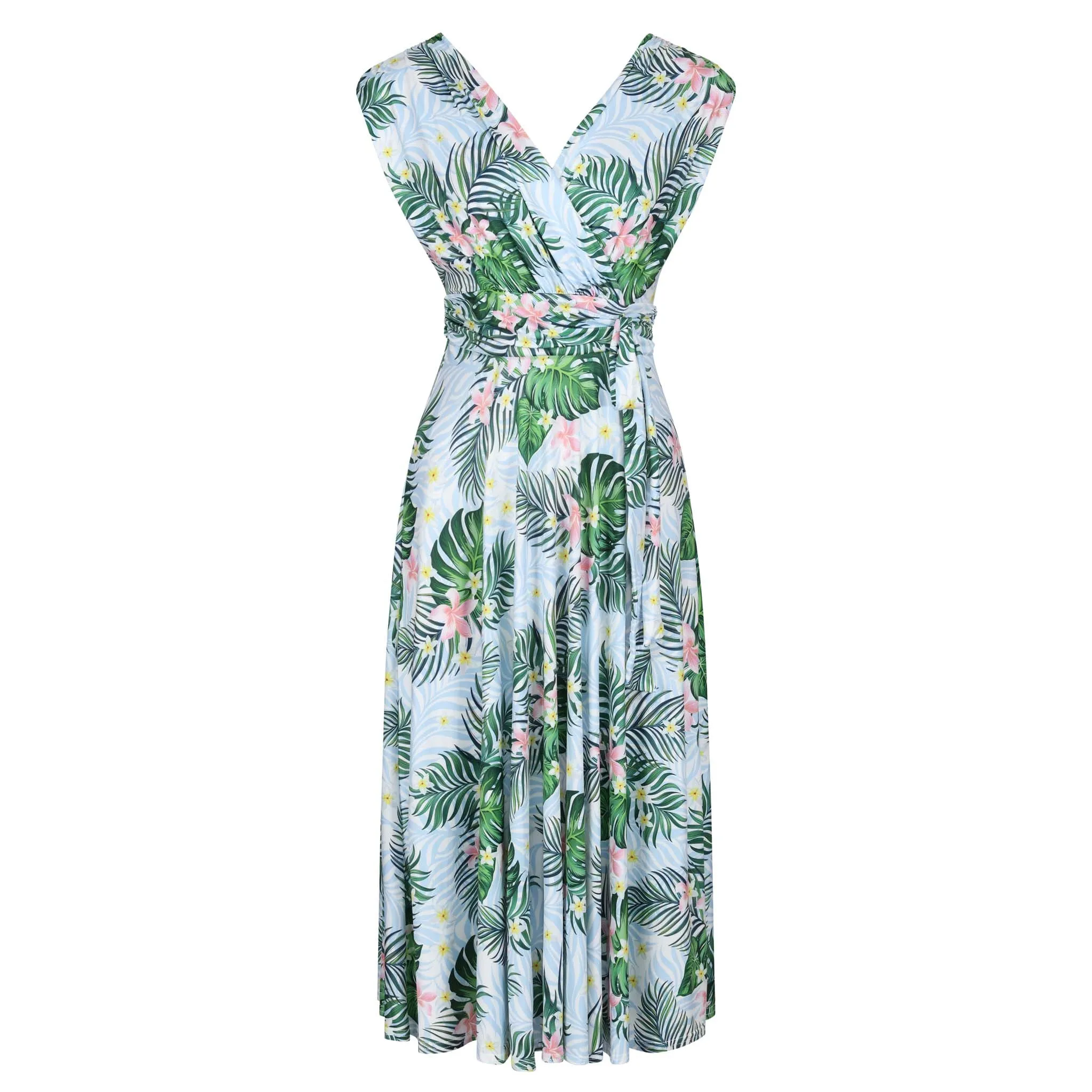 Blue Tropical Floral Print V Neck Crossover Top Empire Waist Swing Dress