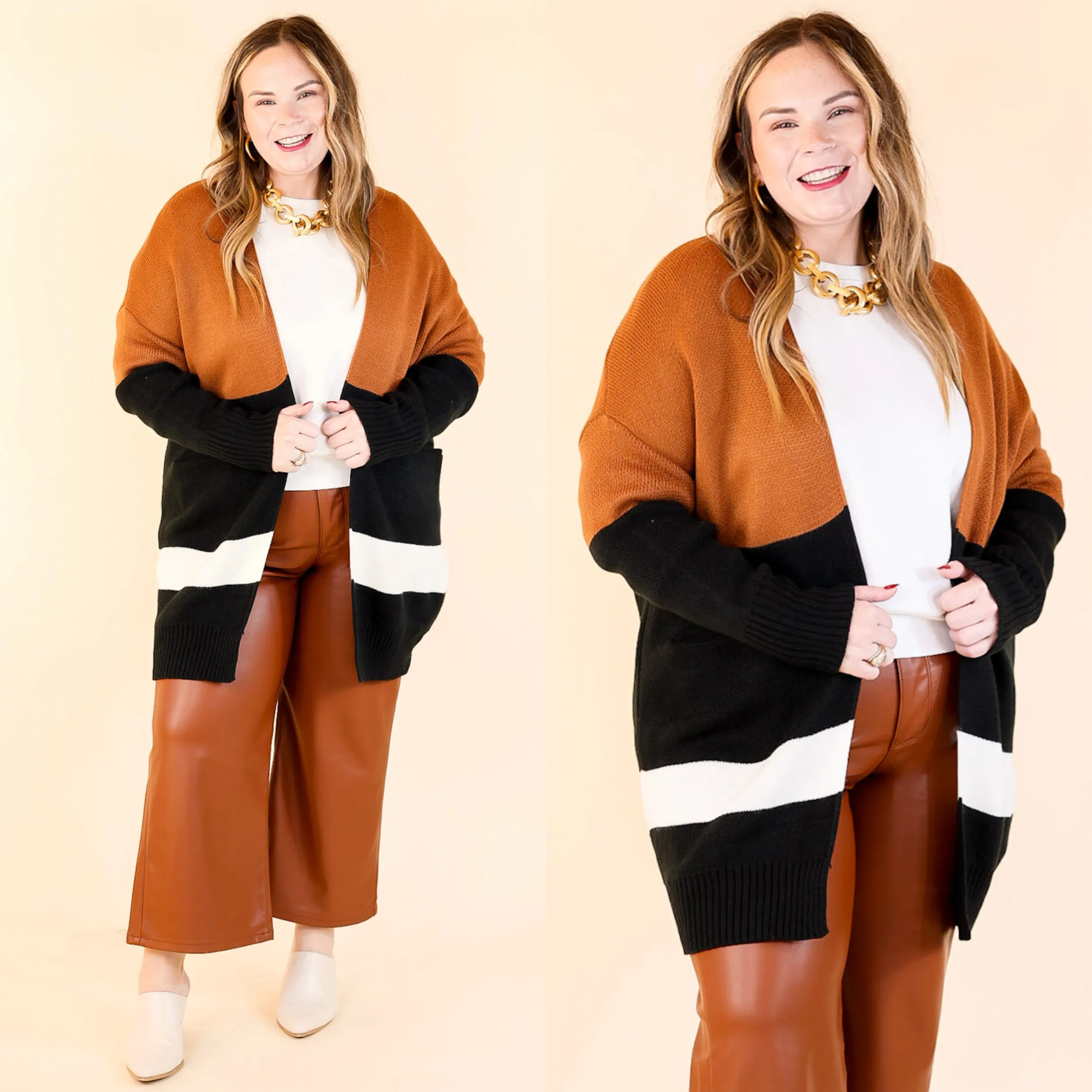 Bonfire Date Color Block Cardigan in Rust Brown