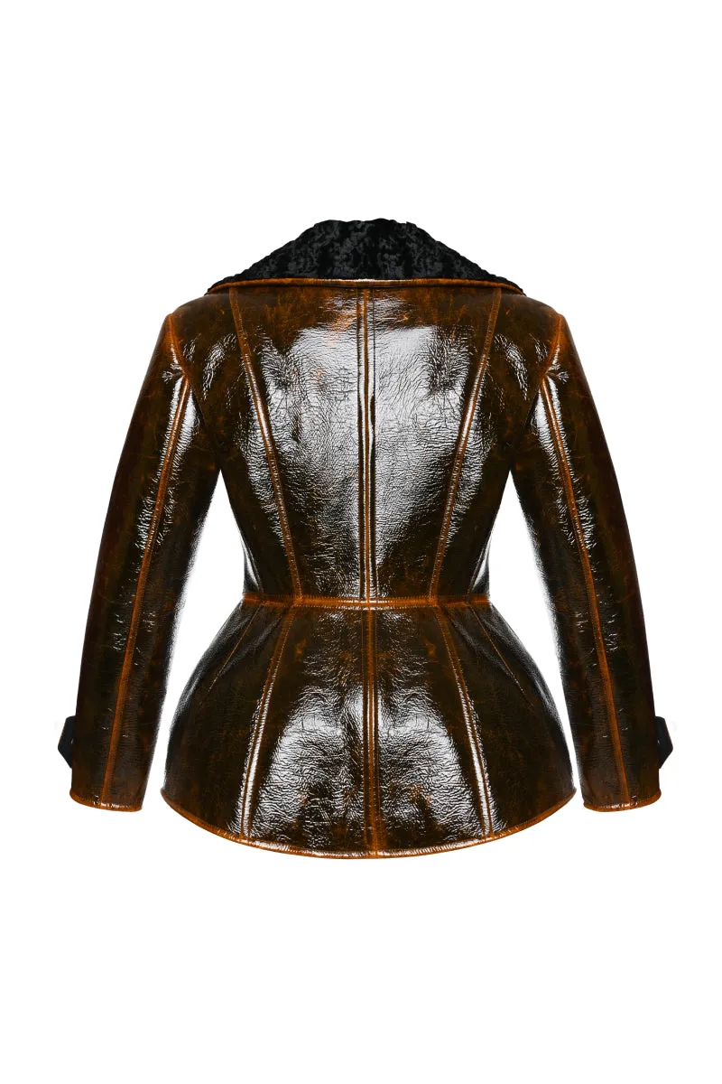 BROWN FAUX LEATHER BLAZER WITH FAUX FUR COLLAR