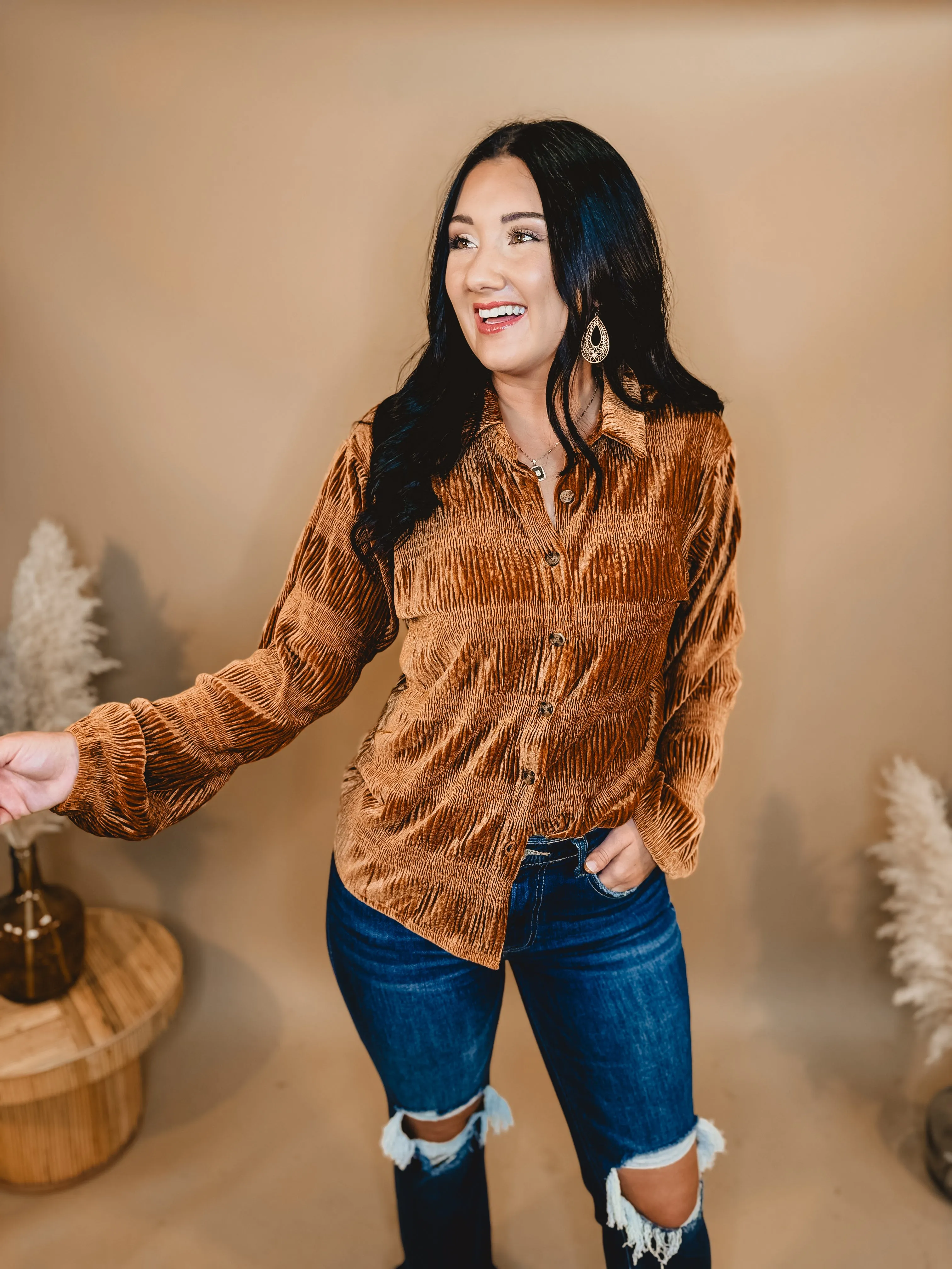 Button Up Velvet Smocked Top - Pumpkin Spice