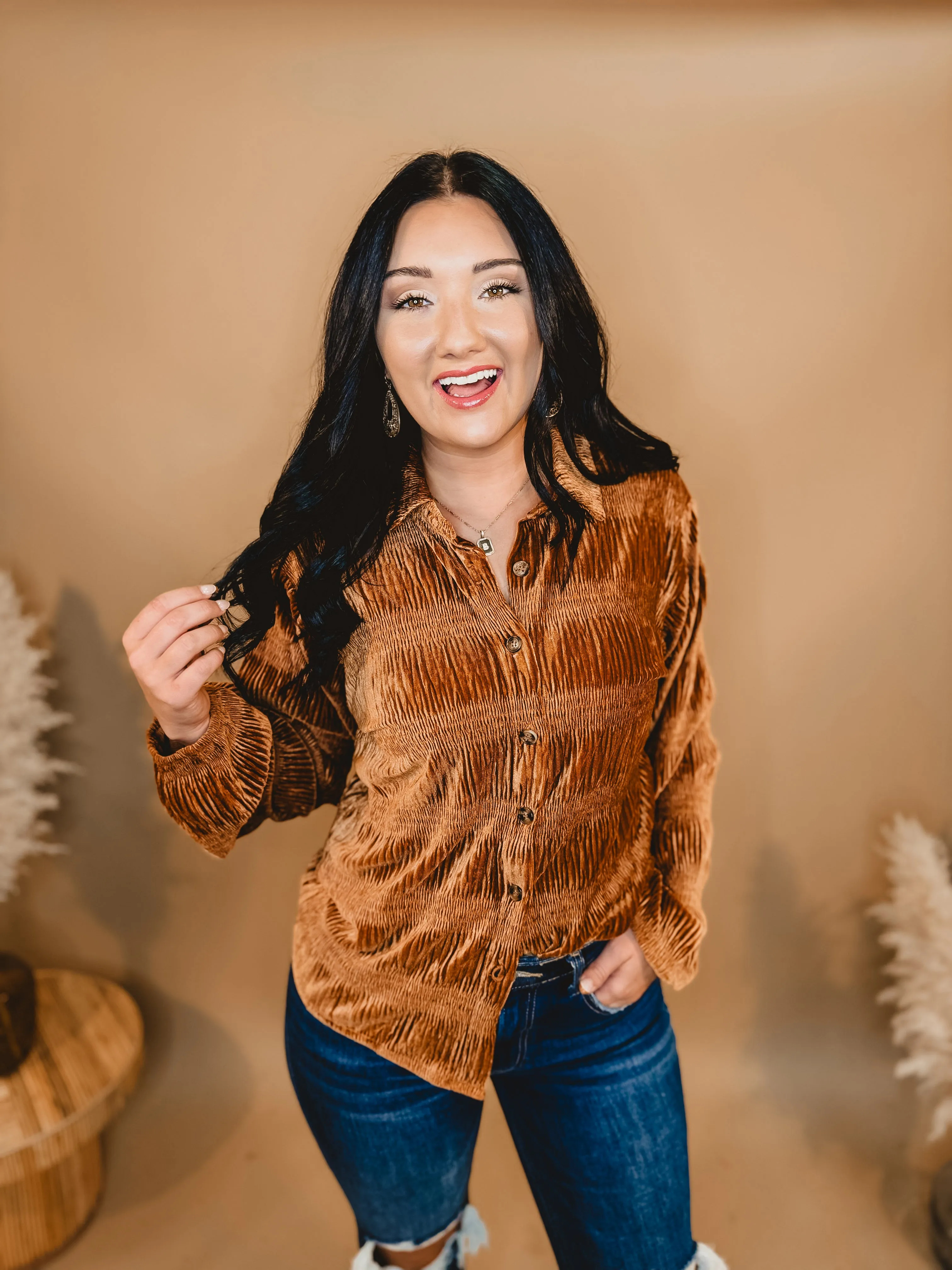 Button Up Velvet Smocked Top - Pumpkin Spice