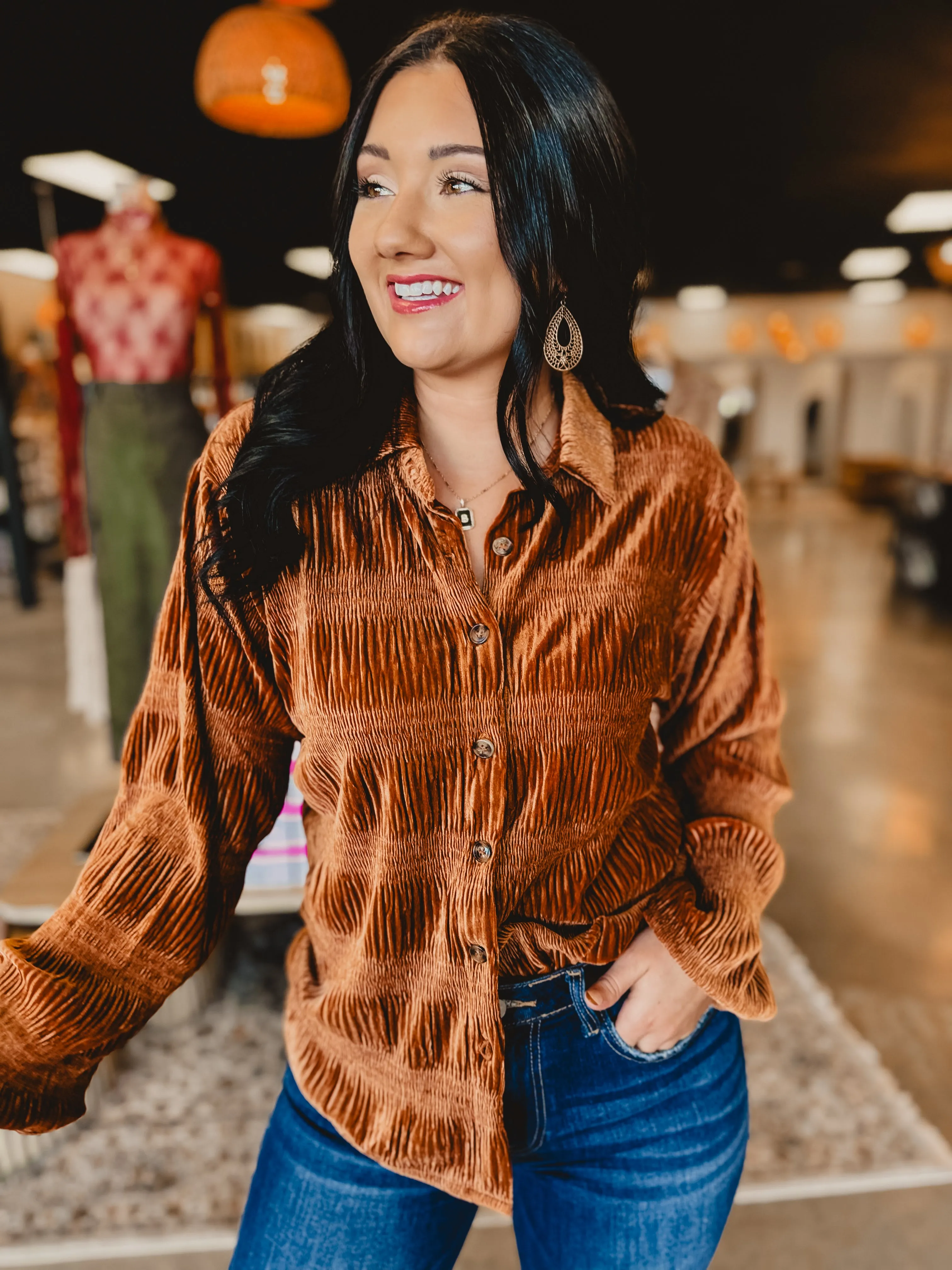 Button Up Velvet Smocked Top - Pumpkin Spice