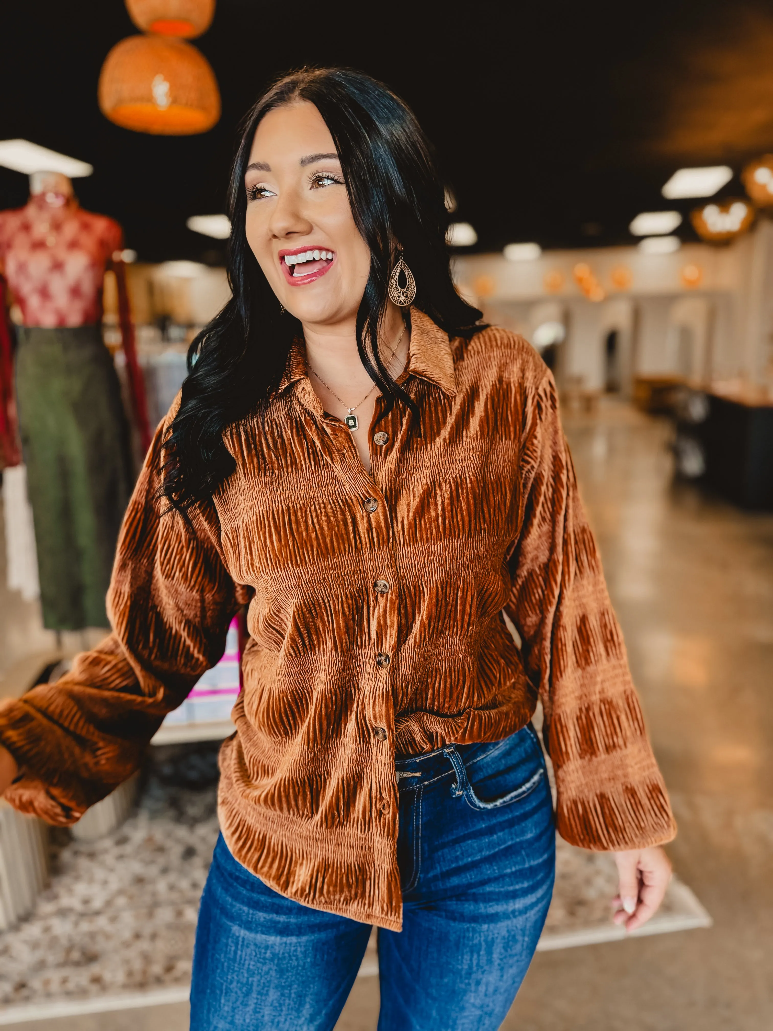 Button Up Velvet Smocked Top - Pumpkin Spice