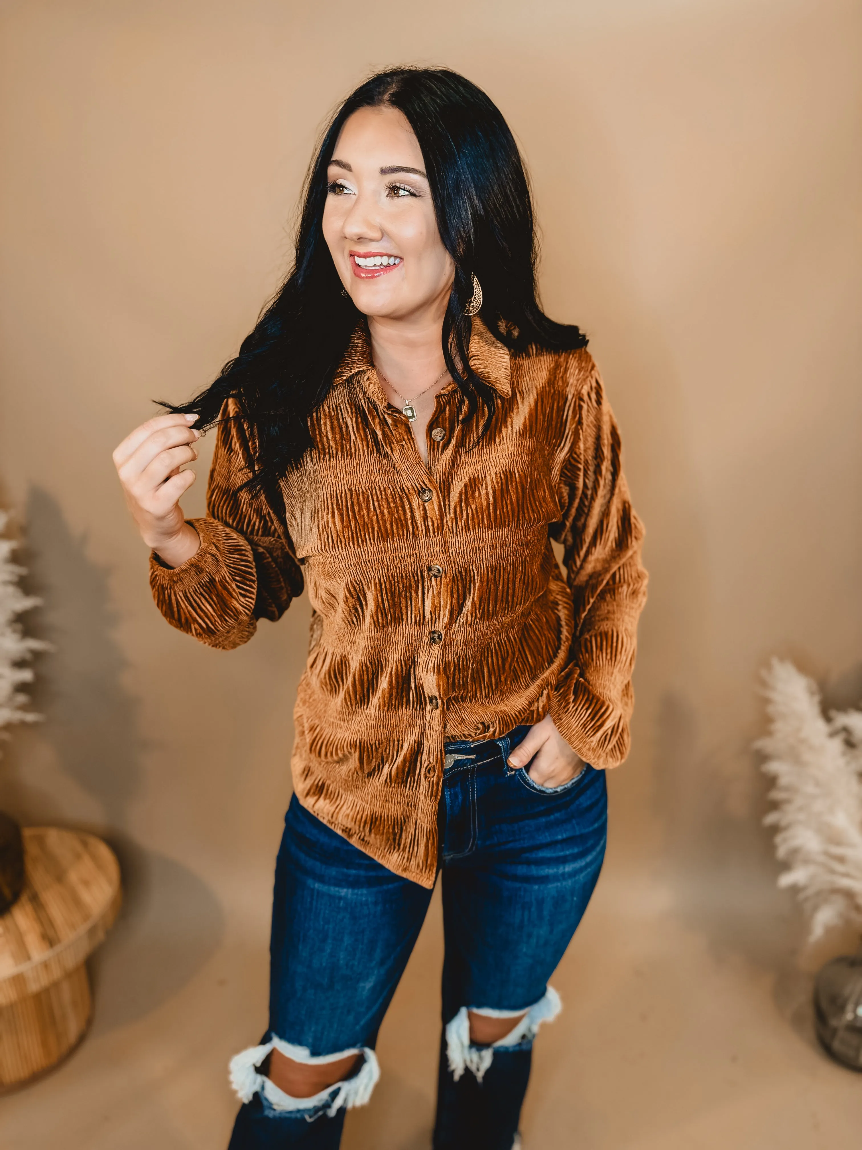 Button Up Velvet Smocked Top - Pumpkin Spice