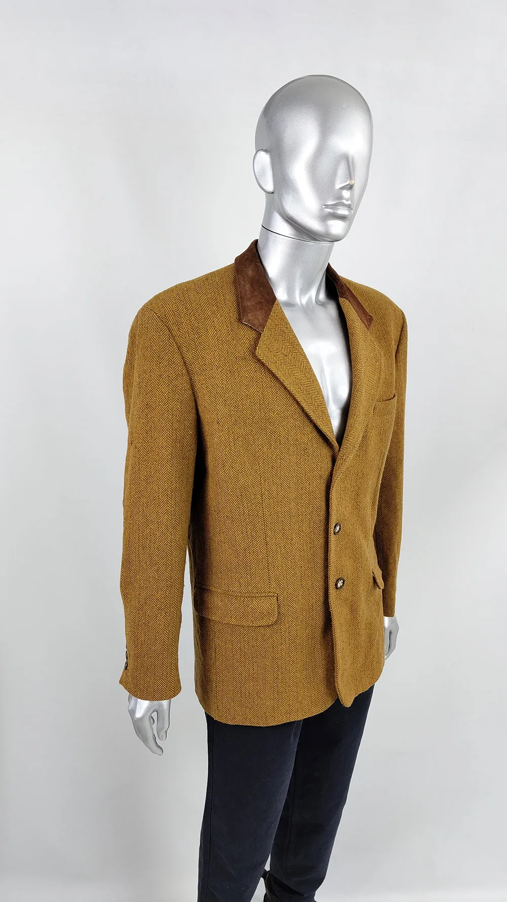 Byblos Vintage Mens Mustard Wool Tweed & Suede Blazer Jacket, 1980s