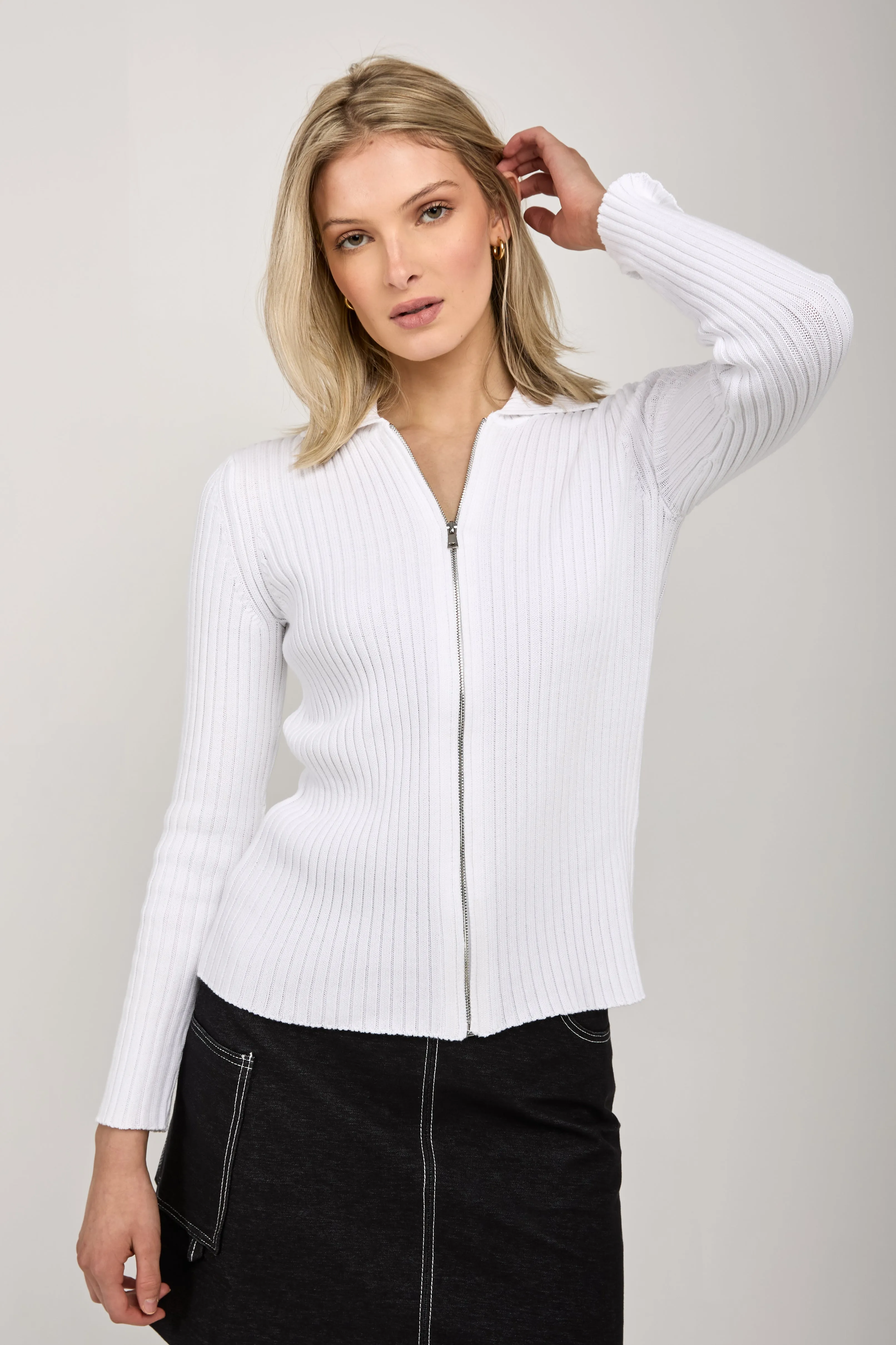 Calente Knit Zip-Up Cardigan in Optical White