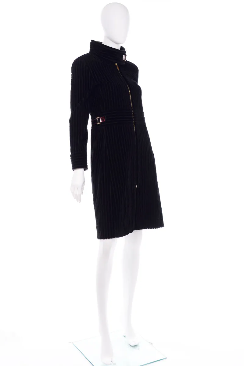 Carolina Herrera Black Ribbed Velvet Zip Front Coat w Buckles