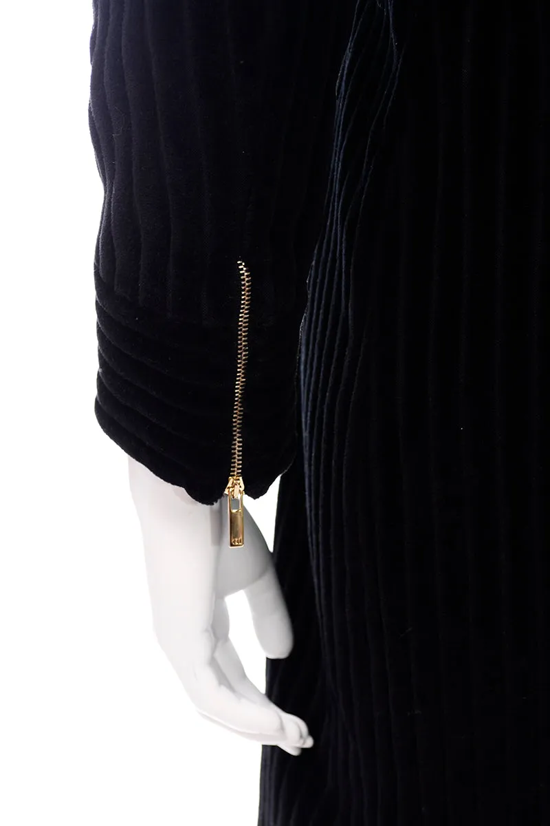 Carolina Herrera Black Ribbed Velvet Zip Front Coat w Buckles