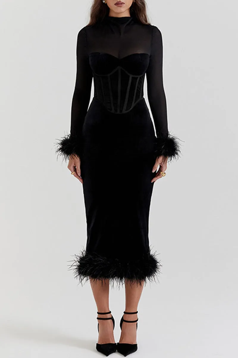 Celebrities Elegant Solid Feathers Turtleneck Waist Skirt Dresses