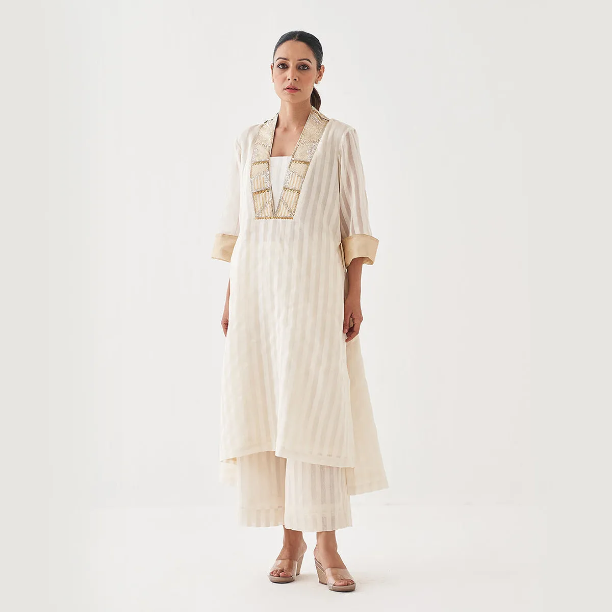 Chanderi Silk Kurta Set for Women | Embroidered | Off-White