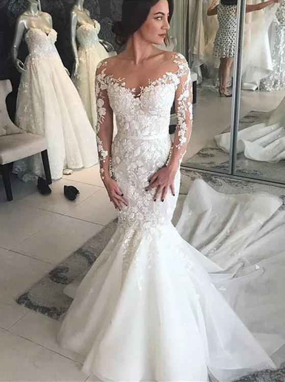 Charming Crew Long Sleeves Wedding Dress | Mermaid Lace Appliques Bridal Gowns On Sale