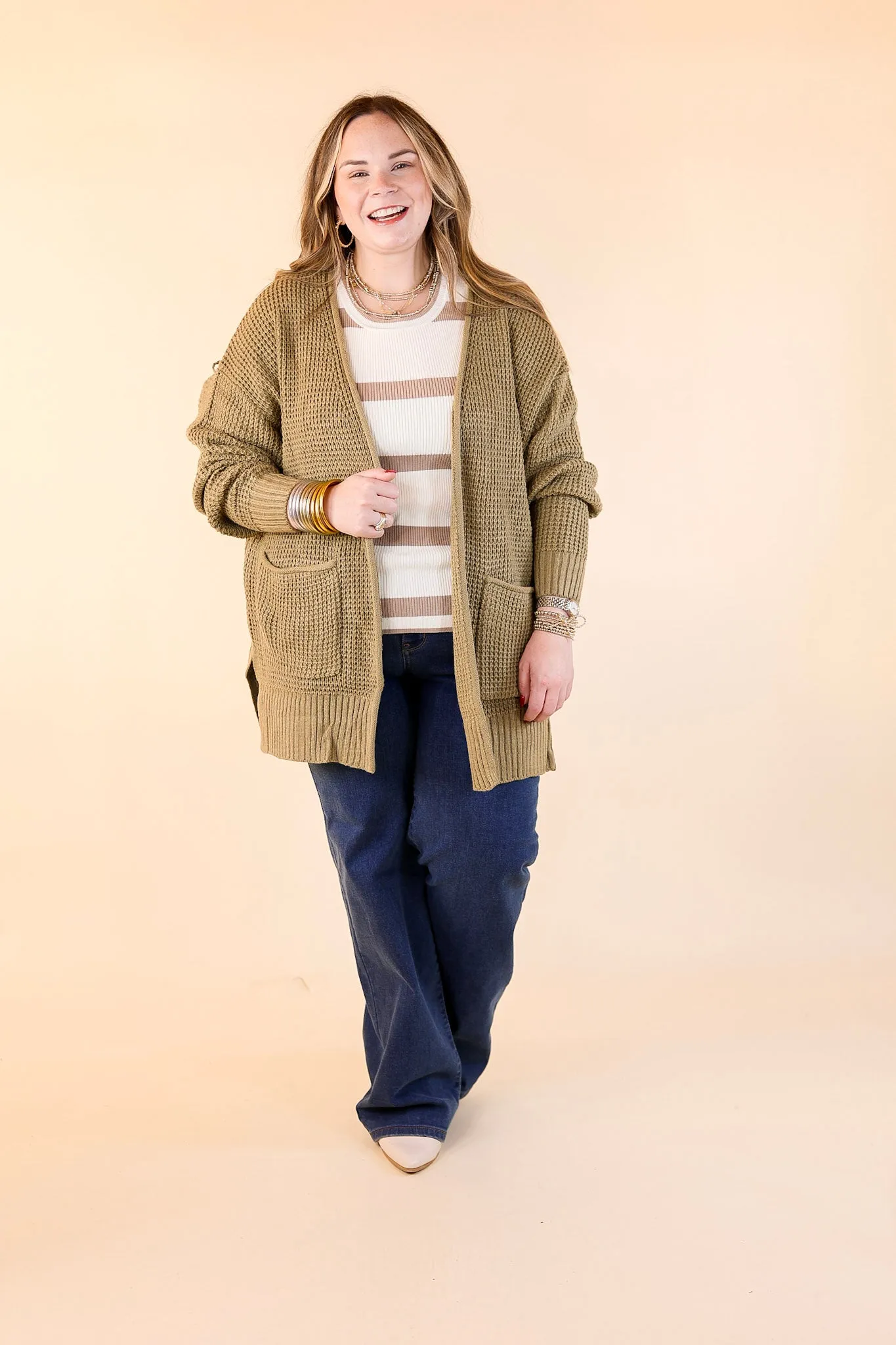 Cozy Layers Waffle Knit Cardigan in Khaki Tan