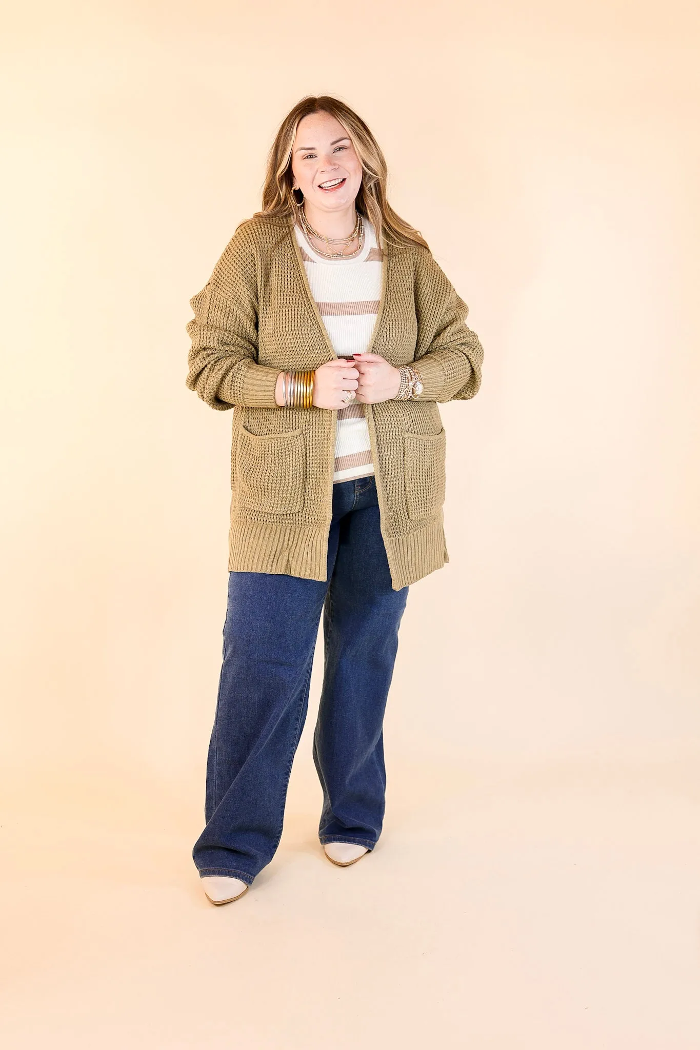 Cozy Layers Waffle Knit Cardigan in Khaki Tan