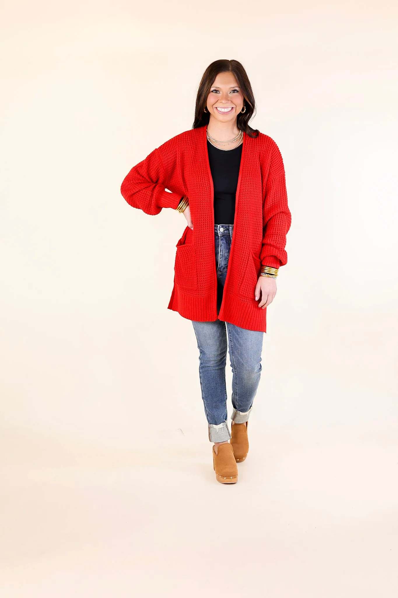 Cozy Layers Waffle Knit Cardigan in Ruby Red