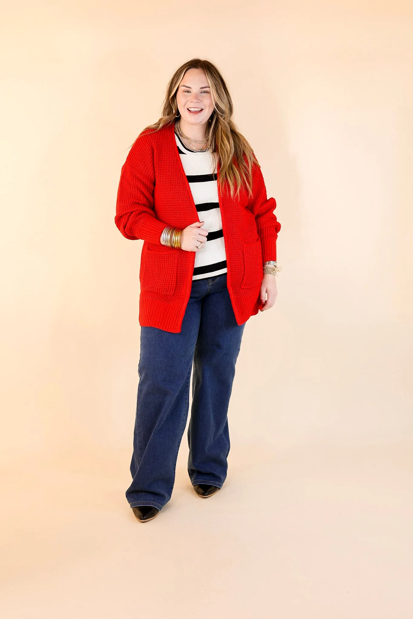 Cozy Layers Waffle Knit Cardigan in Ruby Red