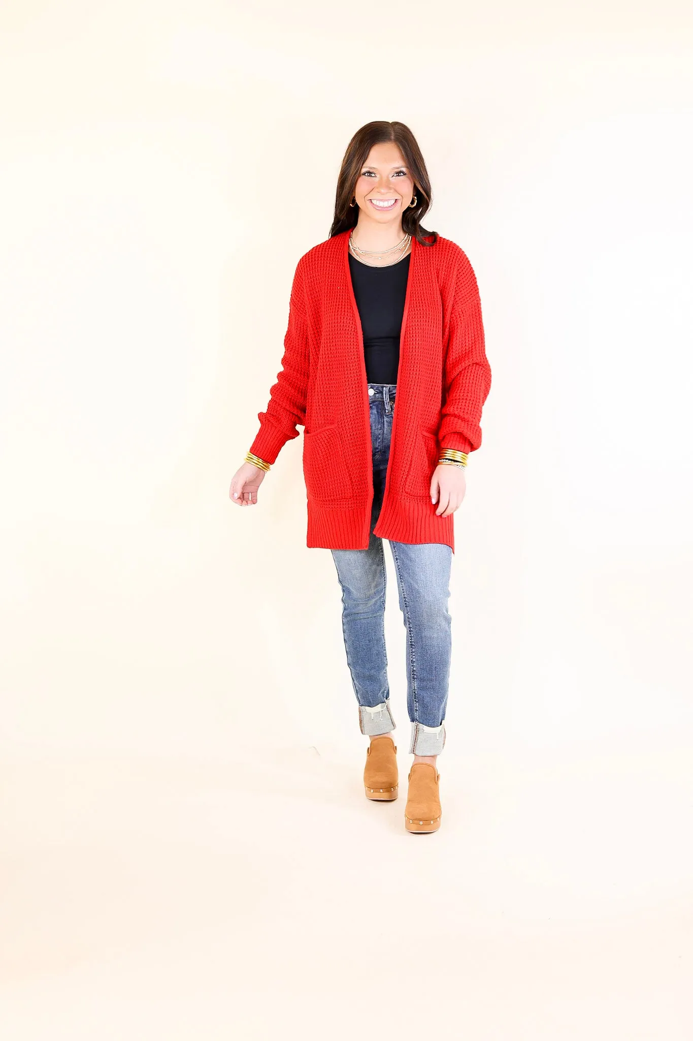 Cozy Layers Waffle Knit Cardigan in Ruby Red