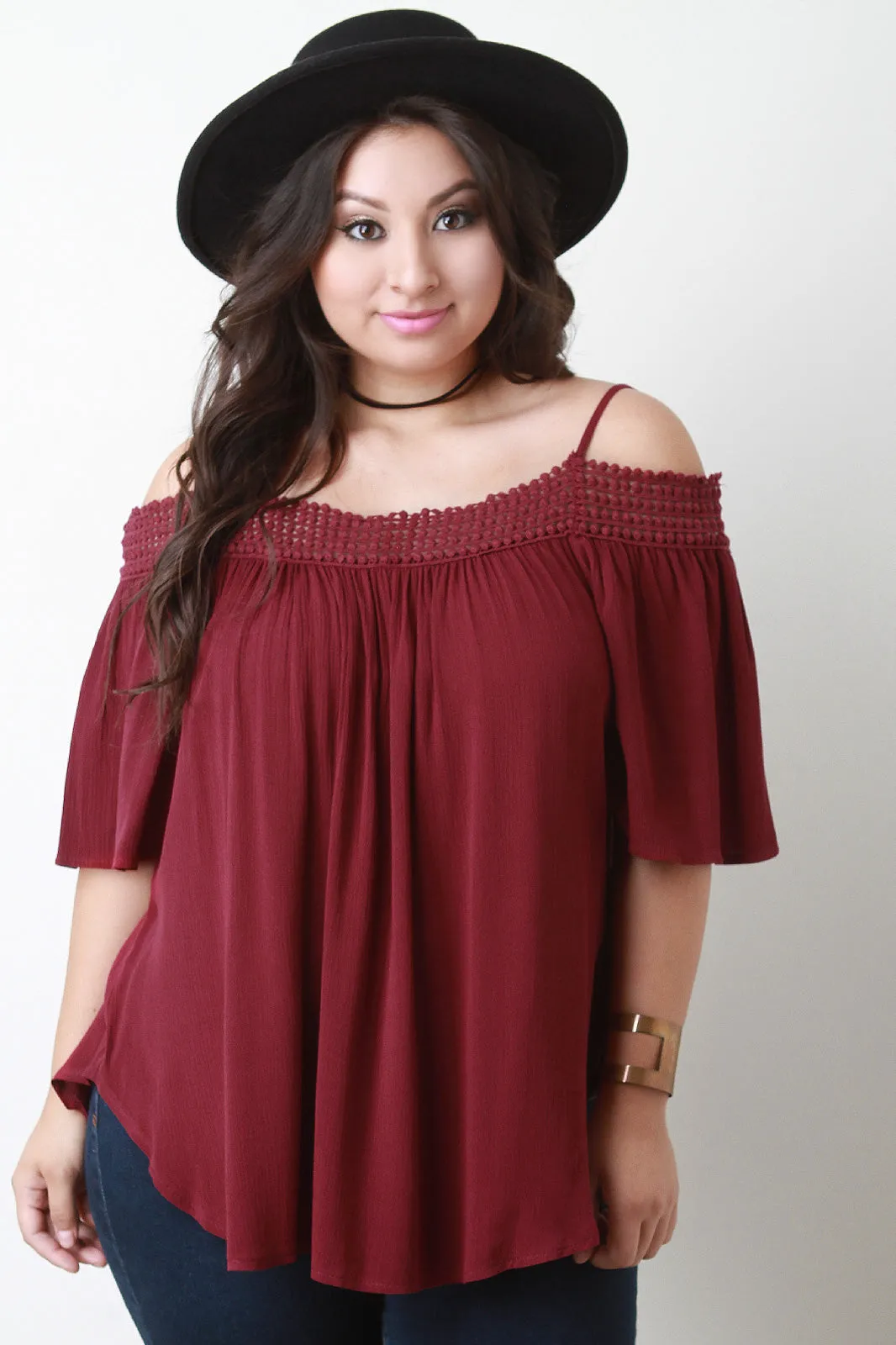 Crochet Trim Cold Shoulder Flowy Top