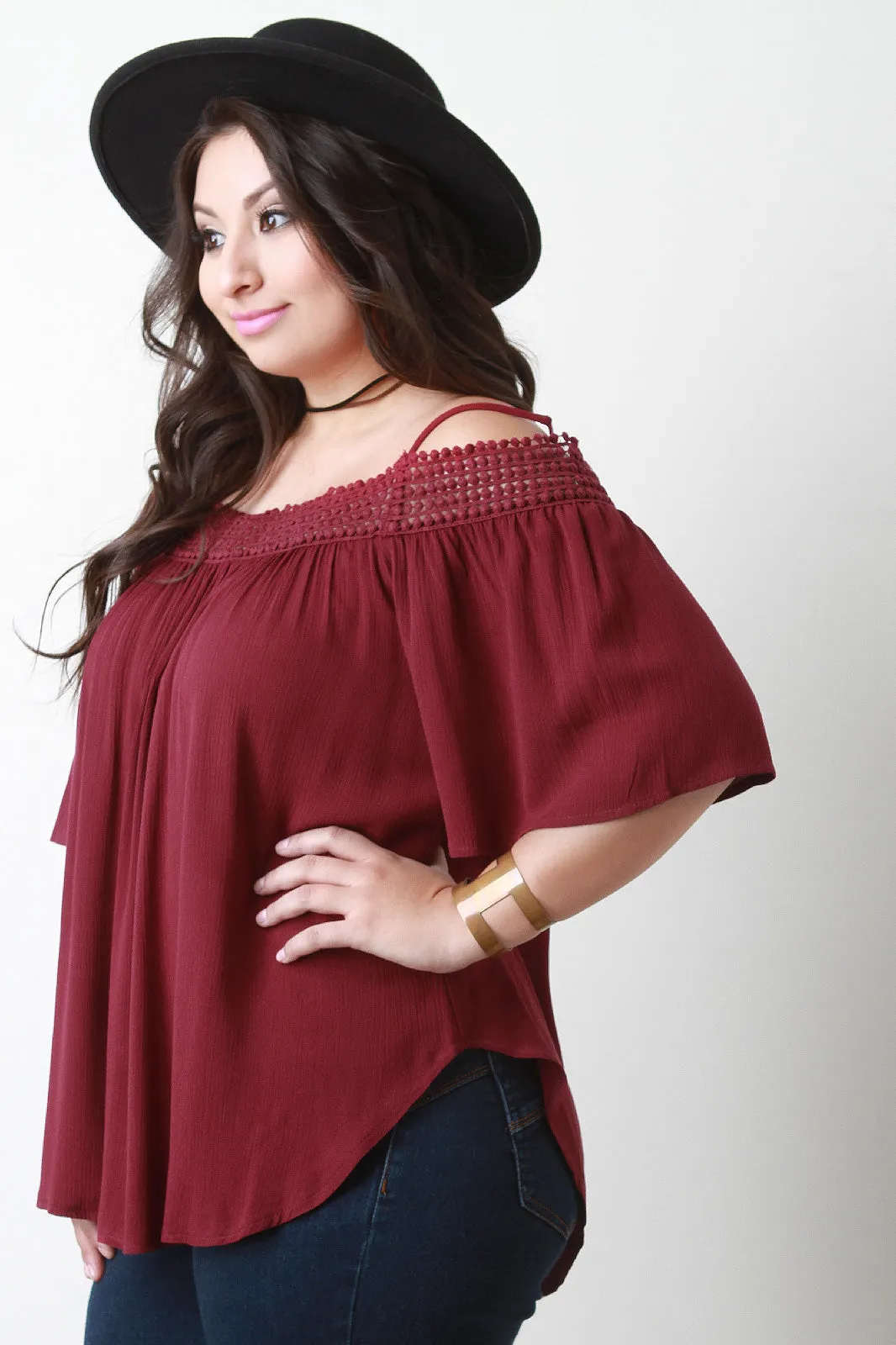 Crochet Trim Cold Shoulder Flowy Top