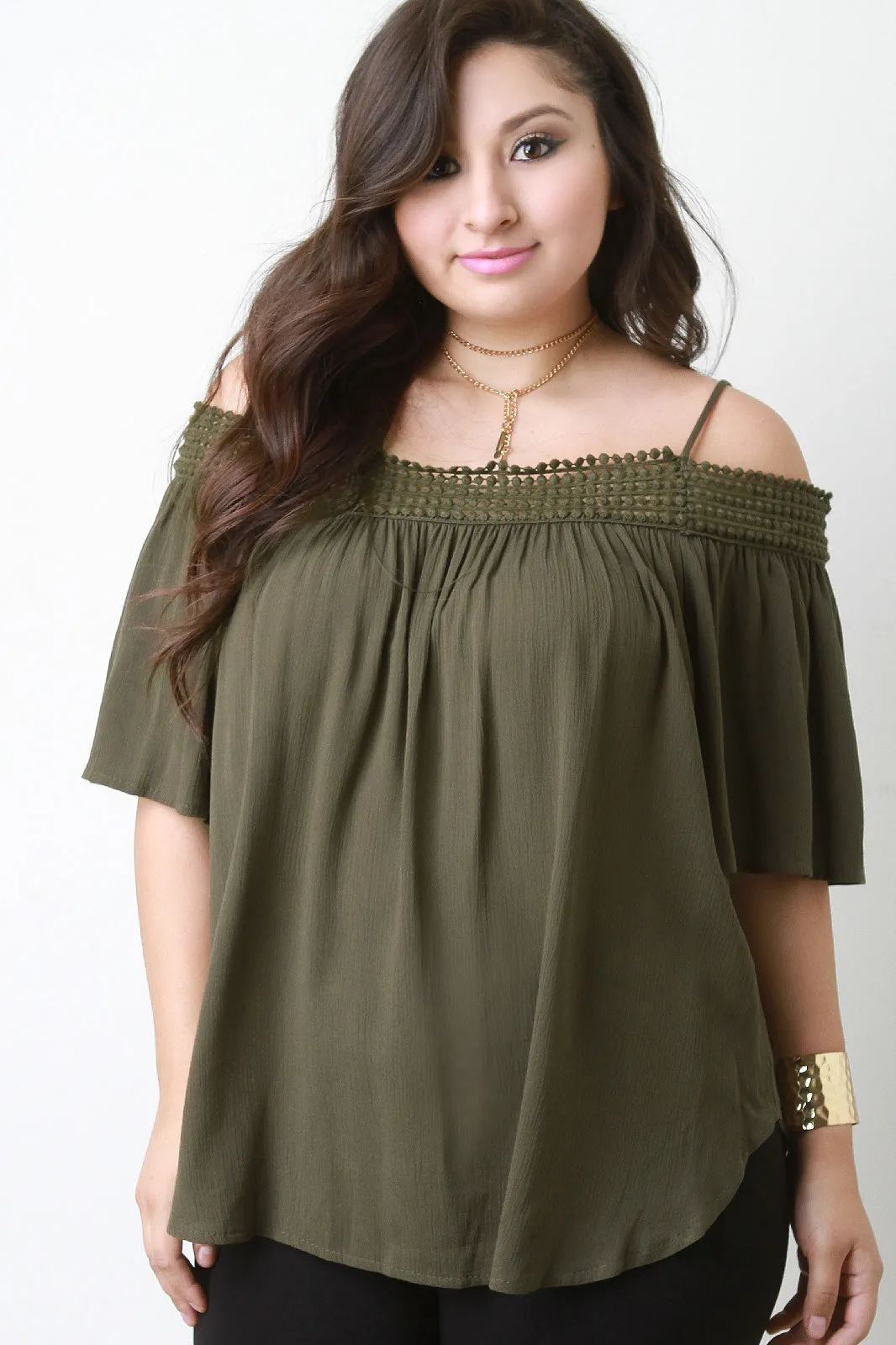 Crochet Trim Cold Shoulder Flowy Top