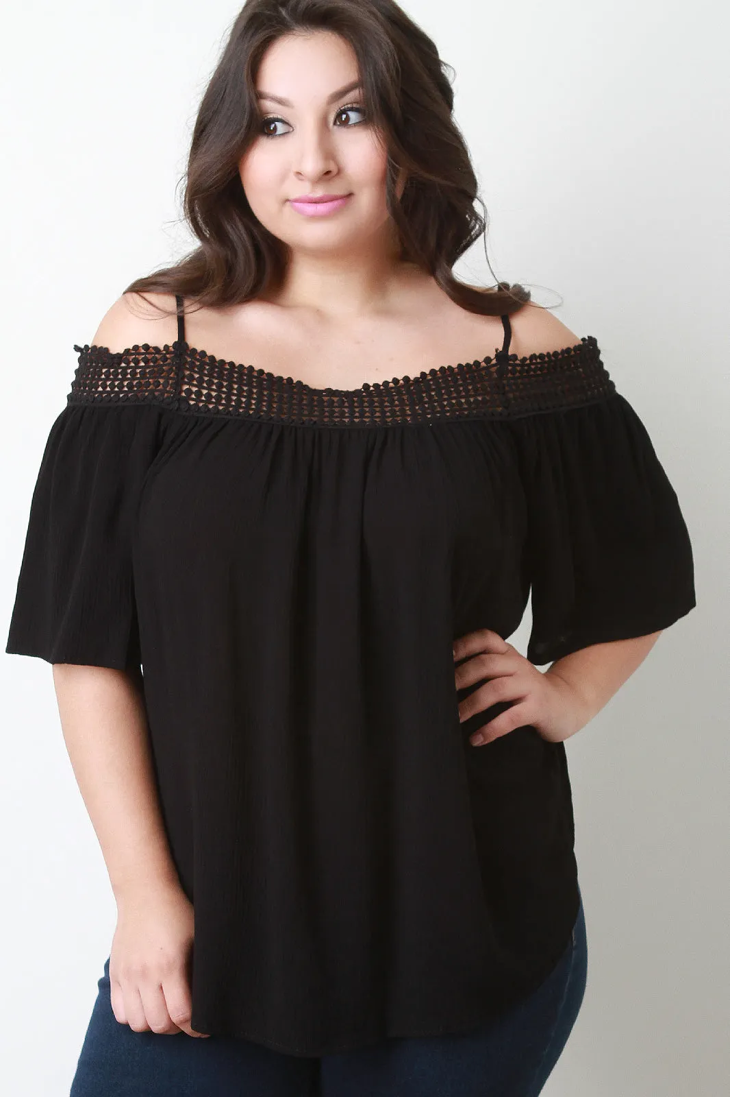 Crochet Trim Cold Shoulder Flowy Top