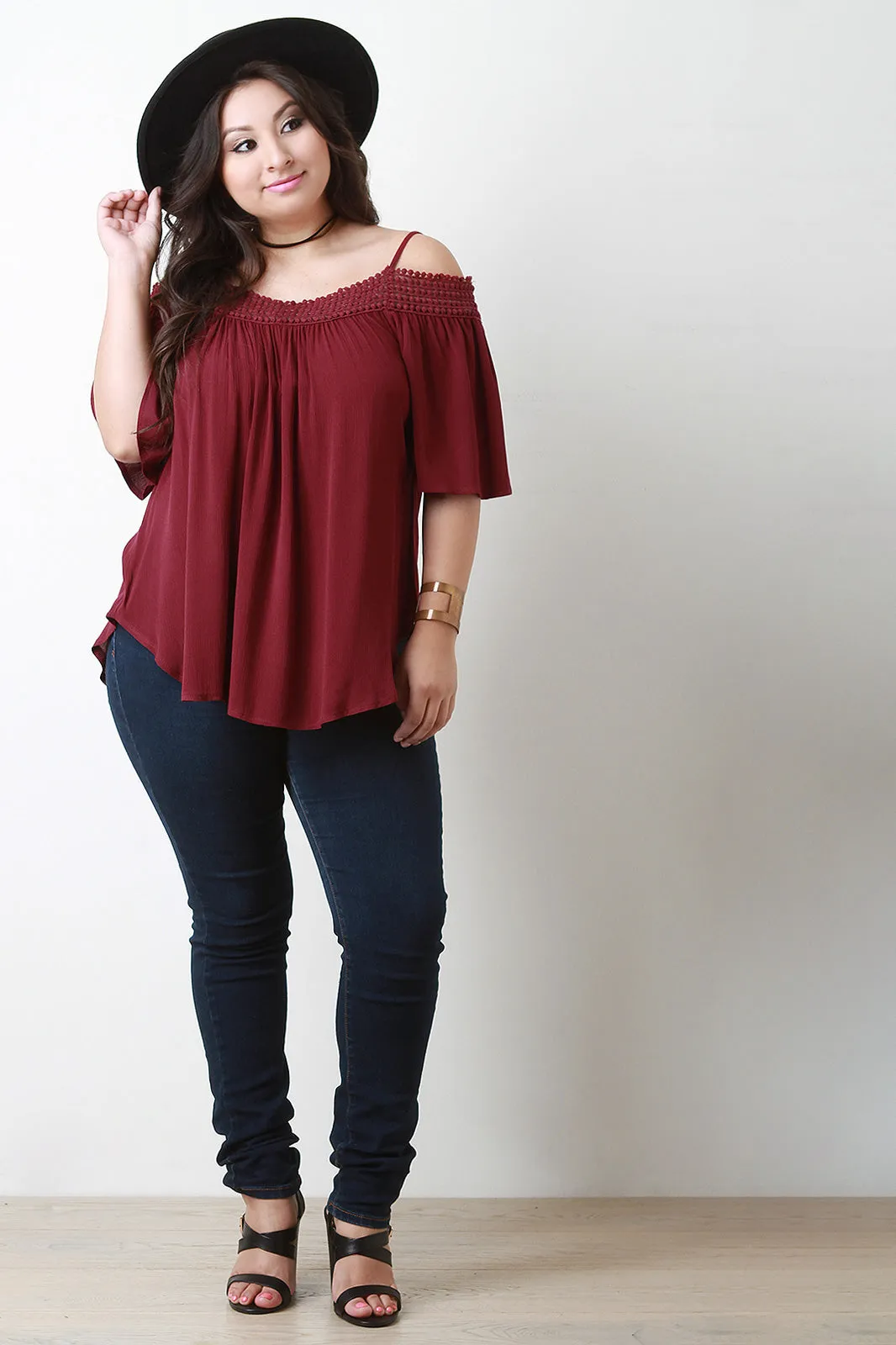 Crochet Trim Cold Shoulder Flowy Top