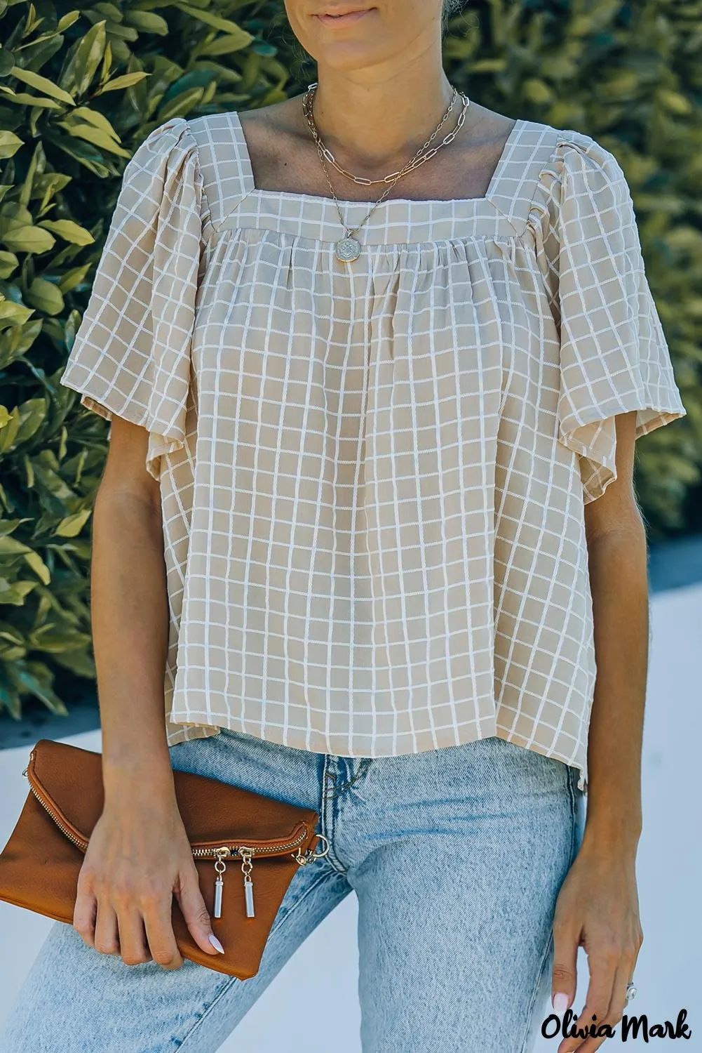 Deanwangkt - Khaki Gingham Flutter Sleeve Blouse