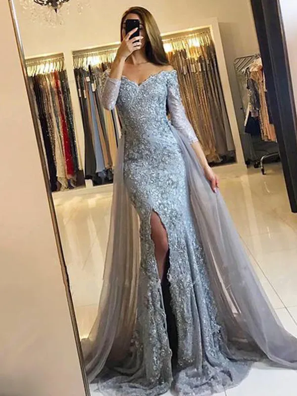 Elegant Mermaid Off Shoulder 3/4 Sleeves Prom Dresses with Side Split. DB10854