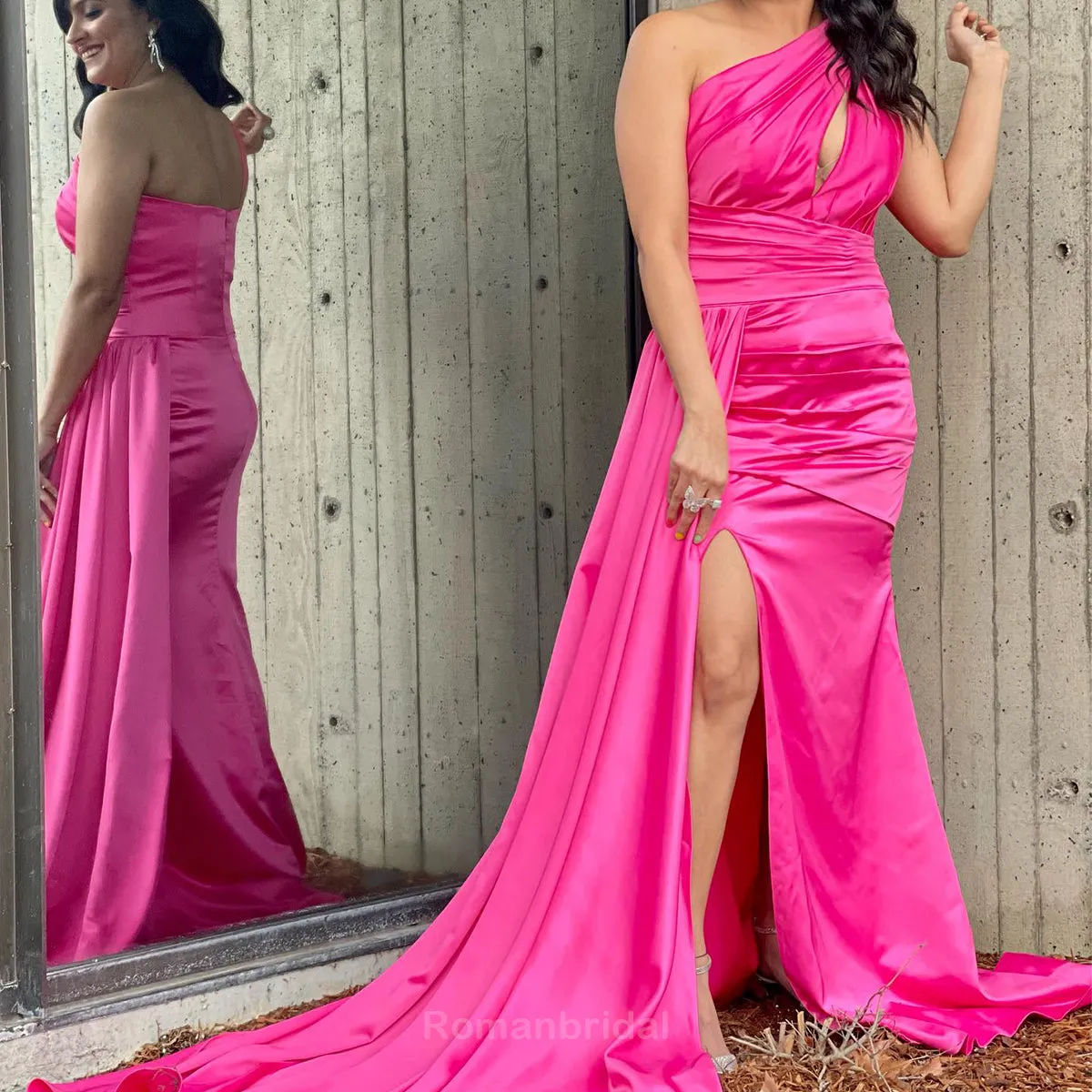 Elegant One Shoulder Mermaid Side Slit Azalea Bridesmaid Dresses with Trailing, BG482