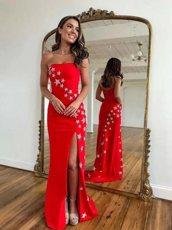 Elegant Red Star Sheath Long Prom Dresses Formal Dress with Side Slit, OL812