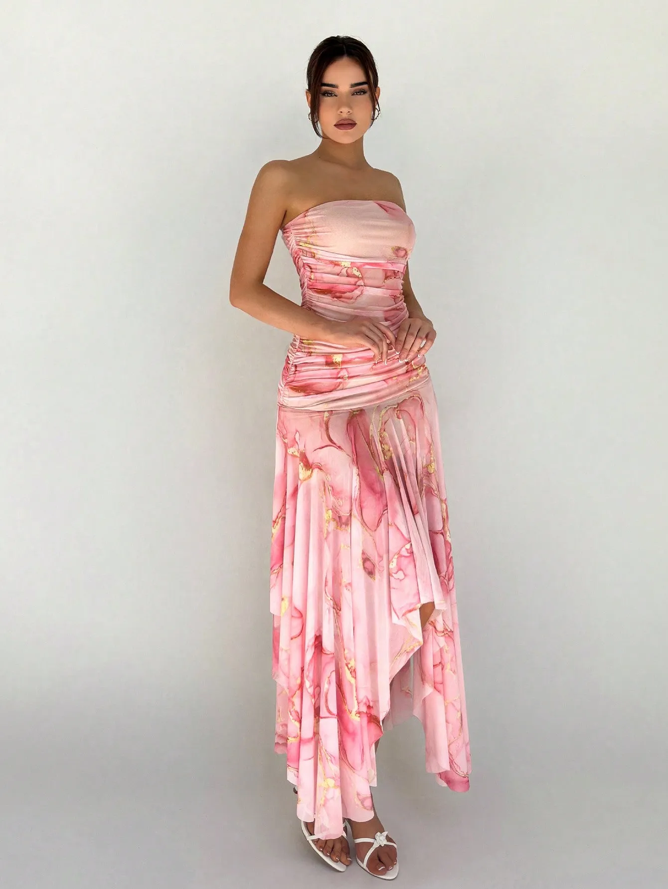 Elegant Romantic Knitted Mesh Floral Print Strapless Pink Slim Dress