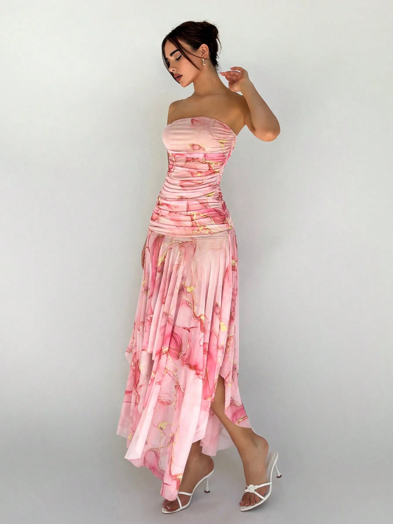 Elegant Romantic Knitted Mesh Floral Print Strapless Pink Slim Dress