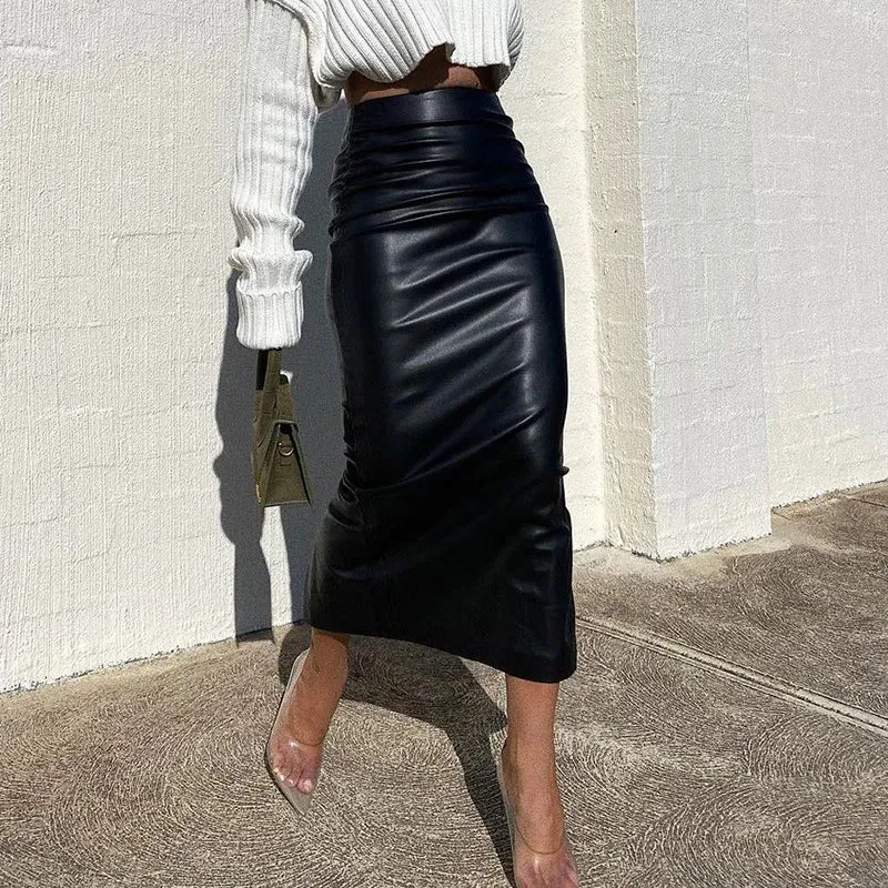 Elegant Ruched PU Leather Slim High Waist Skirt