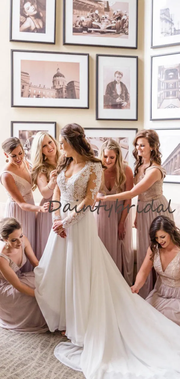 Elegant Simple V-neck Floor-length Chiffon Wedding Party Dresses Long Bridesmaid Dresses.DB10699