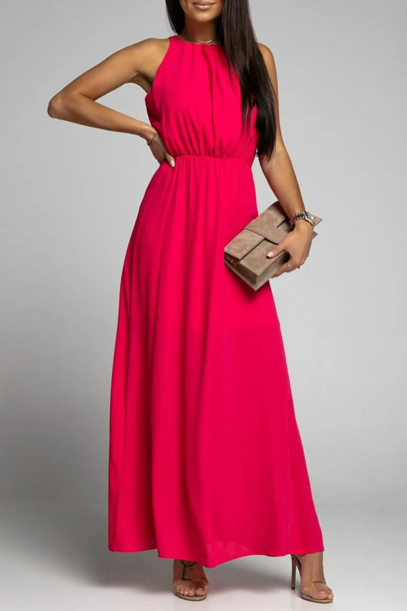 Elegant Solid Backless Slit O Neck Sleeveless Dress Dresses