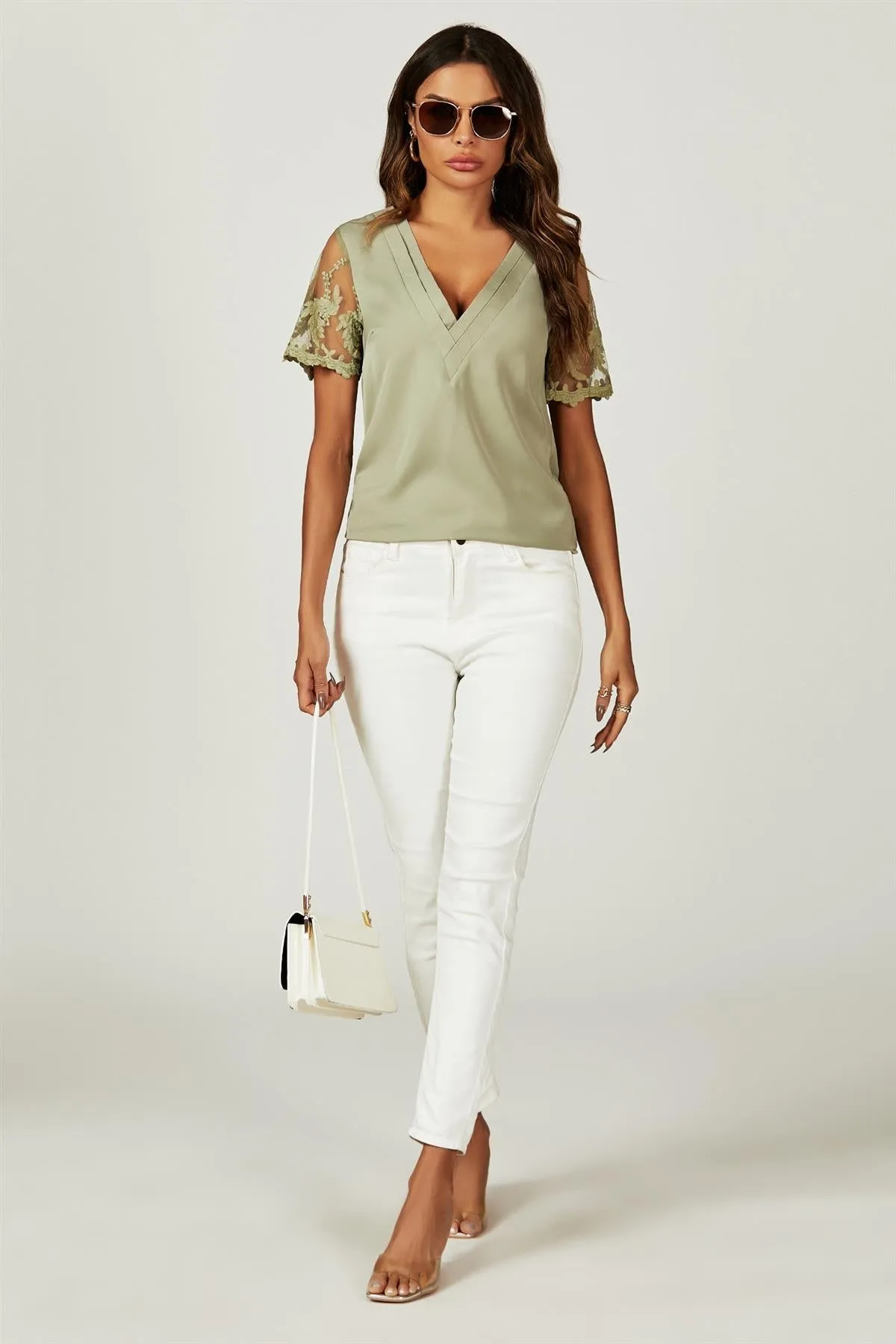 FS Collection Lace Short Sleeve V Neck Blouse Top In Olive