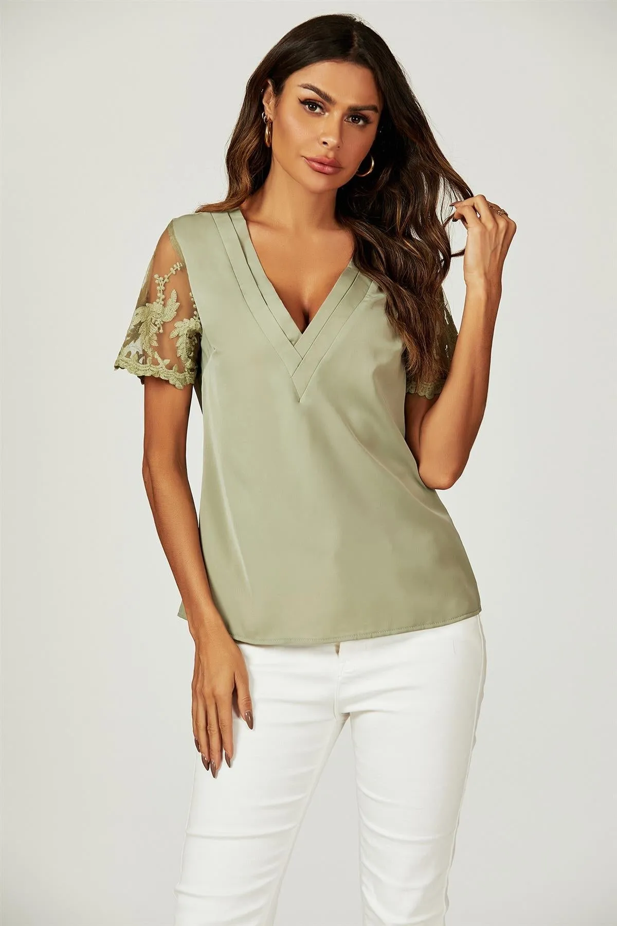 FS Collection Lace Short Sleeve V Neck Blouse Top In Olive