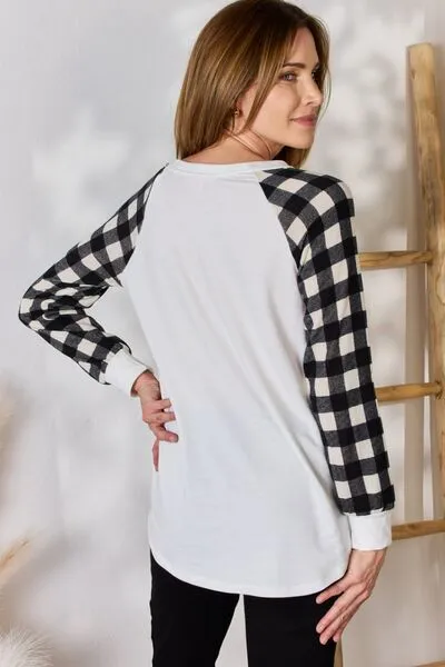 Full Size Plaid Raglan Sleeve Round Neck Blouse