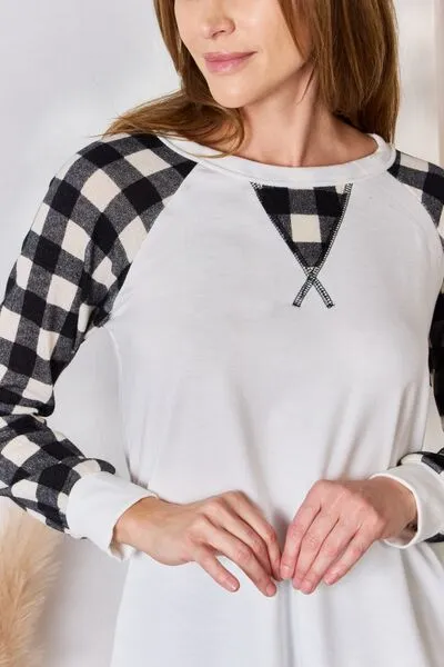 Full Size Plaid Raglan Sleeve Round Neck Blouse