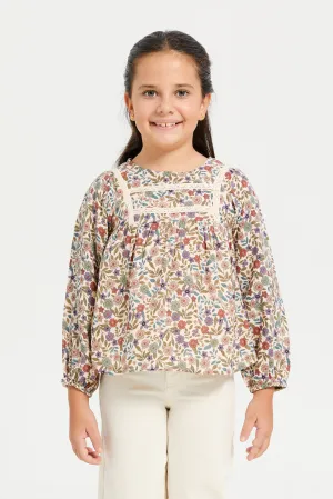 Girls Beige Floral Print Blouse