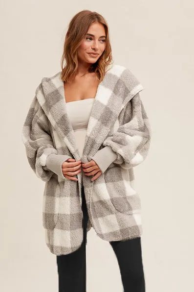 Gray Plaid Sherpa Plush Hooded Cardigan