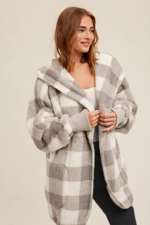 Gray Plaid Sherpa Plush Hooded Cardigan