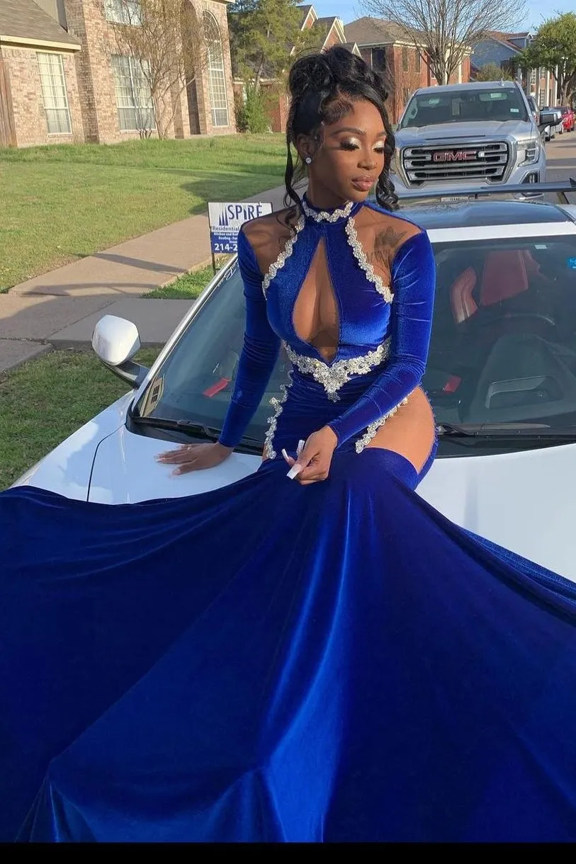 Halter Royal Blue Bodycon Prom Dresses with Sleeves