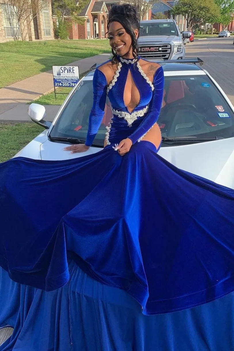 Halter Royal Blue Bodycon Prom Dresses with Sleeves